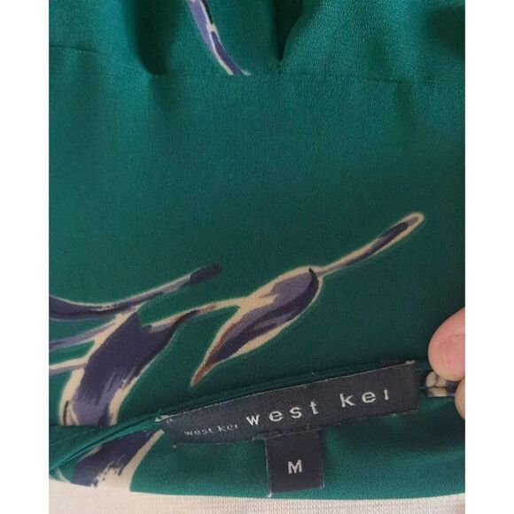 West Kei Womens Draped Surplice M Green White Floral LS Button Detail Festive - Picture 5 of 6